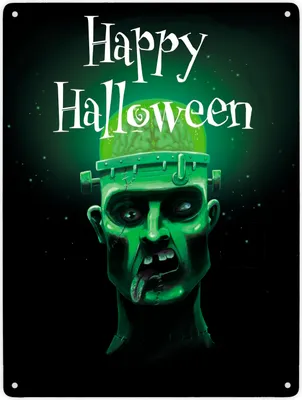 Produktbild von Metallschild XXL in 28x38 cm mit gruseligem Zombie Motiv und Happy Halloween