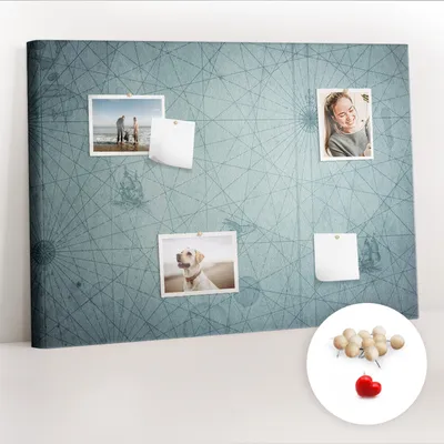 Obrázek produktu pro Korková nástěnka s kolíčky - Tabule s kolíky pro fotografie a poznámky - 100x70 cm - Připínáčky dřevěné 100 kusů - Vintage mapa