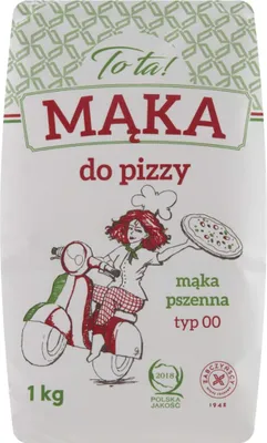 A bag of flour with a cartoon illustration of a woman on a scooter holding a pizza.