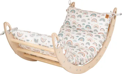 Produktbild von WoodsCraft - Kletterbogen mit Hypoallergen Kissen - Holz Klettergerüst Indoor - Holzwippe, Bogenwippe, Wippe - Montessori Kletterspielzeug