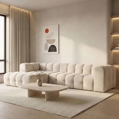 Produktbild von Ecksofa Wohnlandschaft in L-Form Links – Groß XXL Loungesofa 290 × 193 × 75 cm für 5-6 Personen – Skandi-Design, Freistehend – Beige Samt