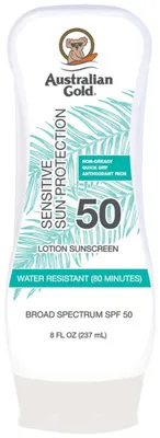Immagine prodotto di Australian Gold Sensitive Skin Lotion SPF 50 – Lozione Solare Ipoallergenica per Pelle Molto Sensibile, Senza Profumo, Resistente all’Acqua 80 min, 237 ml