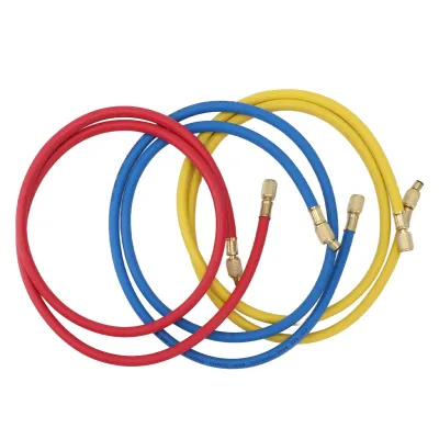 Obrázok produktu pre 3 ks 150 cm hadice na plnenie chladivom pre klimatizačné zariadenia, 1/4 palca, vhodné pre chladivá R12, R22 a R502 (modrá, červená, žltá)