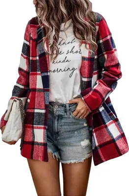 Produktbild von ASKSA Damen Hemdjacke Kariert Flanell Warme Bluse mit Taschen Hemd Jacke Freizeithemd, Rot, 3XL