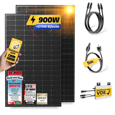 Produktbild von Balkonkraftwerk 900W/800W Solaranlage Steckerfertig Komplettset Photovoltaik Anlage 800W, Kabellänge: 5m, Solakon - onLite
