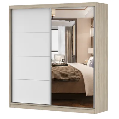 Produktbild von Schwebetürenschrank Kleiderschrank Schrank 203cm Sonoma/Weiß matt mit Spiegel und Zierleisten Pola 42 B
