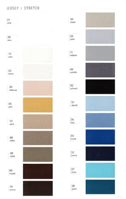 A color swatch chart for jersey fabric, showing various colors and their corresponding numbers and names.