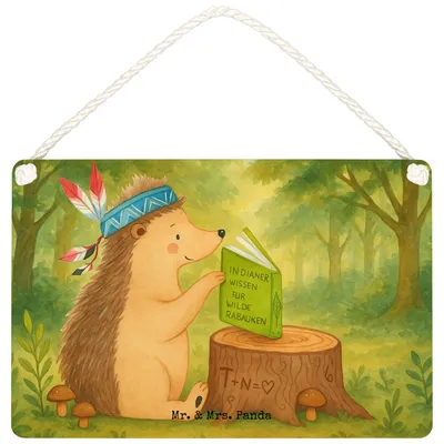 Produktbild von Mr. & Mrs. Panda Holzschild Igel Federschmuck Design DIN A6 - Weiß - Geschenk, wandtafel, Indianer, Camping, Abenteuer, holzbild, Türschild, Tiere, Wandbild Holz, Schild