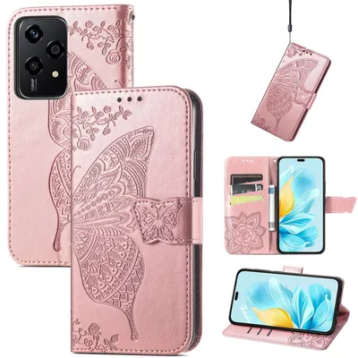 Image de Étui portefeuille en similicuir pour Honor 200 Lite, motif papillon, rose