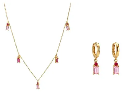 Produktbild von Set 925 sterling silber vergoldet damen halskette creolen rosa zirkonia elegant modern