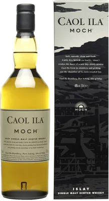 A bottle of Caol Ila Moch single malt Scotch whisky next to its packaging.