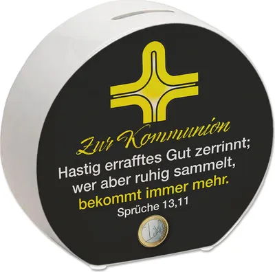 Produktbild von Sprüche 13,11 Bibelvers Spardose in schwarz zur Kommunion