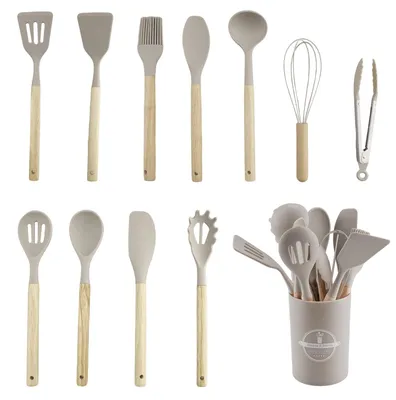 Produktbild von Silikon-Kochgeschirr-Set mit Holzgriffen, 12-teilig, grau