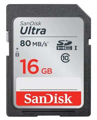 Zdjęcie produktu dla SanDisk Ultra, 16 GB, SDHC, Klasa 10, UHS-I, 80 MB/s, Odporny na magnes, Odporny na wstrząsy, Odporny na temperaturę, Wodoodporna