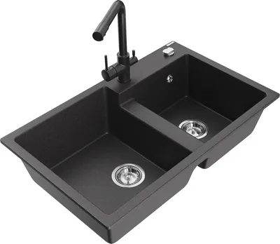 Produktbild von Mexen Tomas 2-Becken-Granitspüle mit Mischbatterie Duero, Schwarz gesprenkelt - 6516-76-671600-76