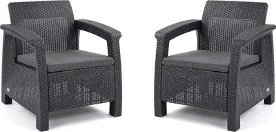 Immagine prodotto di Set da 2 sedie da giardino in plastica con cuscini da esterno, per giardino e balcone, grigio/grigio chiaro, 75 x 70 x 79 cm
