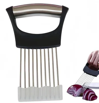 Productafbeelding van Unyqoos® roestvrijstalen snijhulp – een praktische keukenaccessoire voor groenten en vlees, ergonomisch, compact en vaatwasmachinebestendig