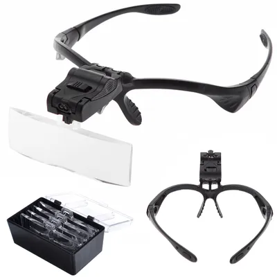 A collage of a magnifying glasses with LED lights and a set of tweezers.