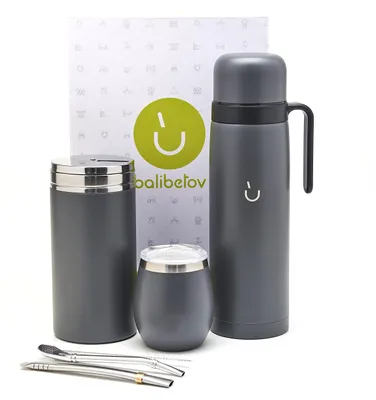 Yerba-Mate-Set, Edelstahl, 5-teilig, grau, Thermosflasche, Behälter