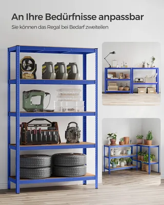 Obrázek produktu pro SONGMICS Regály pro vysoké zatížení, skladovací regály, regály do sklepa, 200 x 120 x 60 cm, nosnost až 875 kg, 5 nastavitelných polic, kovové regály, bezšroubové regály, dílenské regály, modré GLR060Q01