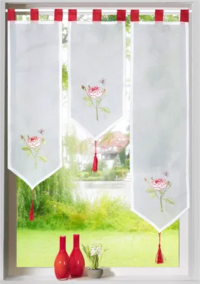 Produktbild von Heimtexland ® Scheibengardine Set 3-tlg Lamellen Gardine Voile Rosen Bestickt Rot Typ672