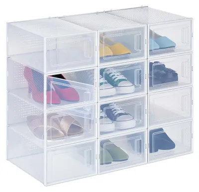 Image de Lot de 12 boîtes à chaussures Relaxdays, avec porte, range-chaussures, empilables, pour des chaussures jusqu'à la taille 45, fentes d'aération, transparentes