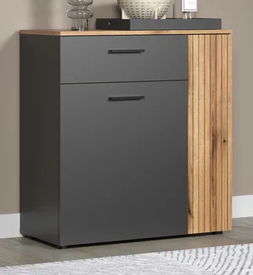 A modern sideboard with a gray finish and a wooden slatted accent.