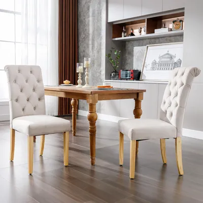 Productafbeelding van Set van 2 fluwele stoelen voor de eetkamer, met eikenhouten poten, knoopdetails en chromen afwerking. Geschikt voor slaapkamer, keuken, woonkamer, lounge en vrijetijd. Kleur: beige