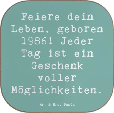 Produktbild von Mr. & Mrs. Panda Tischuntersetzer Spruch 1986 Geburtstag - Meeresbrise - Geschenk, Tassen Untersetzer, Feiere dein Leben, Gläser, Glas, Lebensfreude, Jeder Tag ist ein