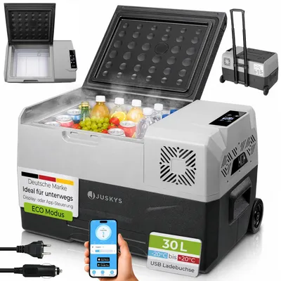 Produktbild von Juskys Kompressor Kühlbox 30 Liter 12/24/230 V für Auto, Lkw, Reisemobil, Camping - Mini Kühlschrank kalt & warm - Kompressorkühlbox Steckdose - Grau