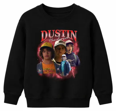 Imagen del producto de Sudadera retro de los años 80, estilo vintage, con el personaje de Dustin Henderson de Stranger Things. Diseño uni, para niños. Color: negro. Talla: 128