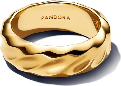 A close-up studio shot of a gold Pandora ring with a textured surface.