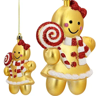Obrázek produktu pro Mica, vánoční ozdoba na stromek, figurka "lebkuchen-dáma" (perníková paní) z plastu, zlatá barva, 12,5 cm, dekorativní vánoční ozdoba