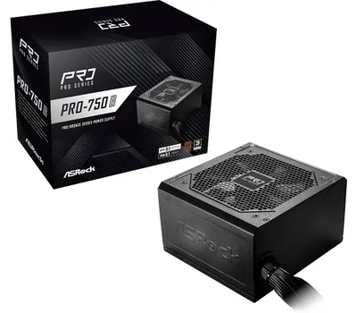 Zdjęcie produktu dla Asrock PRO-750B, 750 W, 100 - 240 V, 50/60 Hz, 10 - 5 A, 62,5 A, Nadprądowe, Krótkie spięcie, Ochrona przez zbyt wysokim napięciem, Zabezpieczenie przed zbyt...