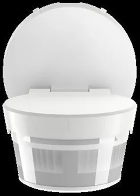 A white motion detector with a domed top and a cylindrical base with a translucent, ribbed section.