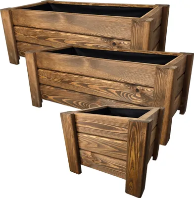 Produktbild von HolzGarden Set 3 Stück Pflanzkübel Holz 2x 80x32x40 cm + 40x32x40 cm Imprägniert Teak Wetterfest Blumenkasten Blumentopf Garten Balkon Outdoor Serie Flora