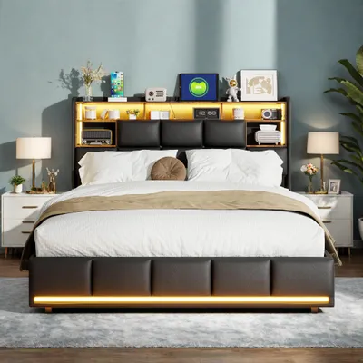 Zdjęcie produktu dla Łóżko tapicerowane INONEFT 140x200 z podświetleniem LED i portami USB, łóżko z materacem sprężynowym, łóżko młodzieżowe z hydraulicznym pojemnikiem na pościel i miejscem do przechowywania, zagłówek, materiał PU, kolor czarny