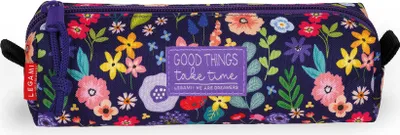 A close-up, front-facing view of a floral patterned pencil case.