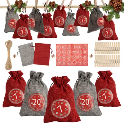 Produktbild von Yakimz 24 Adventskalender zum Befüllen, Adventskalender Stoffbeutel Säckchen mit 1-24 Sackleinen Taschen Jutesäckchen,Rot/Grau