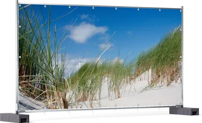 Produktbild von Wallario XXL Outdoor-Poster für Garten oder Balkon, Motiv Düne am Strand unter blauem Himmel, in ca. 340 x 173 cm