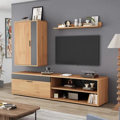 Image de MODFU Meuble TV Mural Complet - Ensemble Mural TV avec 2 Portes, 2 Tiroirs et Étagère Murale, Moderne, 140 × 35 × 39 cm, Bois + Noir