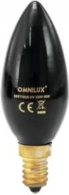 A black candle-shaped light bulb with a gold screw base, shown against a white background.