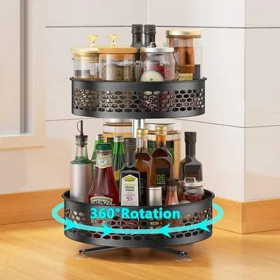 Immagine prodotto di Scaffale girevole a 2 ripiani, scaffale nero per erbe aromatiche da cucina, regolabile in altezza