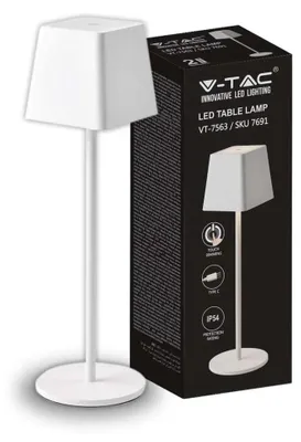 Immagine prodotto di V-TAC VT-7563 Lampada da tavolo LED 2W bianco caldo 3000K con batteria 4400mA pulsante ON/OFF dimmerabile touch colore bianco IP54 - SKU 7691