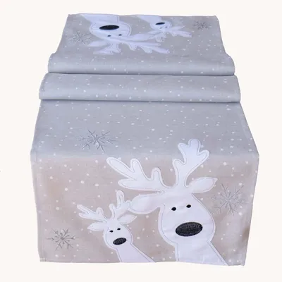 Produktbild von Tischwäsche Tischläufer Stickerei lustiger Elch Winter Weihnachten Deko 40 x 140 cm - ecru