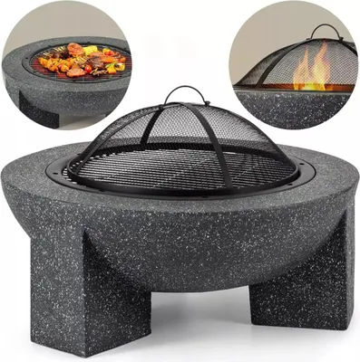 Image de Foyer de jardin pour terrasse ou terrain - Granit foncé + grille + tisonnier