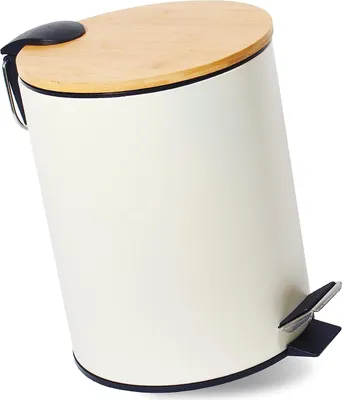 A beige pedal bin with a wooden lid and black pedal, shown against a white background.
