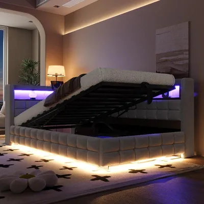 Produktbild von Schlafsofa 90x200 in Hellgrau mit hydraulischem Stauraum, Holzregalen, LED-Lichtleiste, Steckdose, USB- und Typ-C-Anschluss