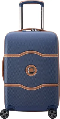 A navy blue Delsey Paris Chatelet Air 2.0 cabin trolley suitcase with brown trim and silver accents.