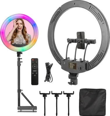 Produktbild von 18 Zoll RGB-Ringleuchte, einstellbare Helligkeit, mehrere Farbtemperaturoptionen, 175 cm Stand